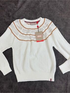 Women HUNTER cotton pointelle open knit coastal cream summer sweater cottagecore